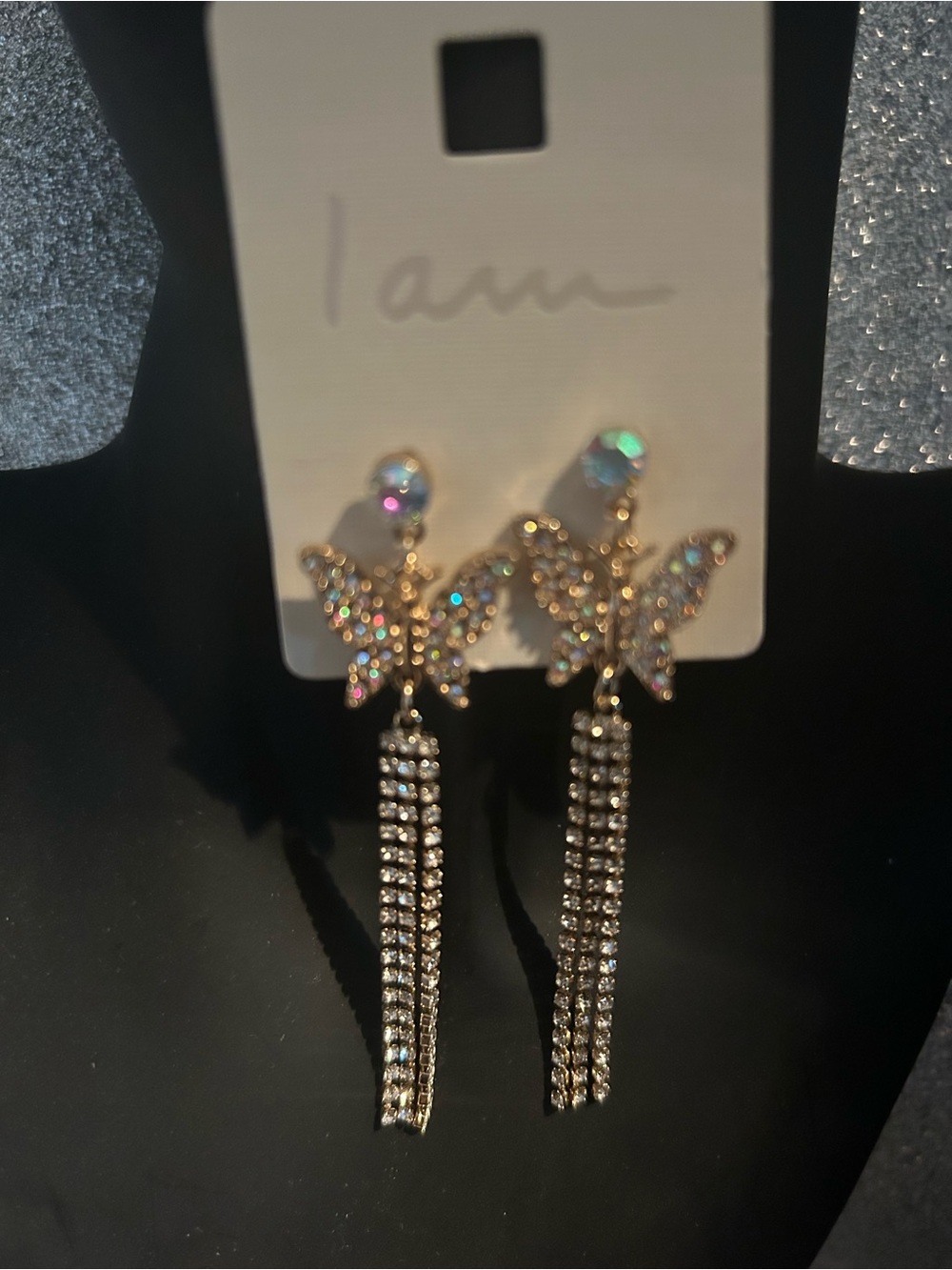 Gold Butterfly Rhinestone Dangle Earrings - Iridescent Crystals